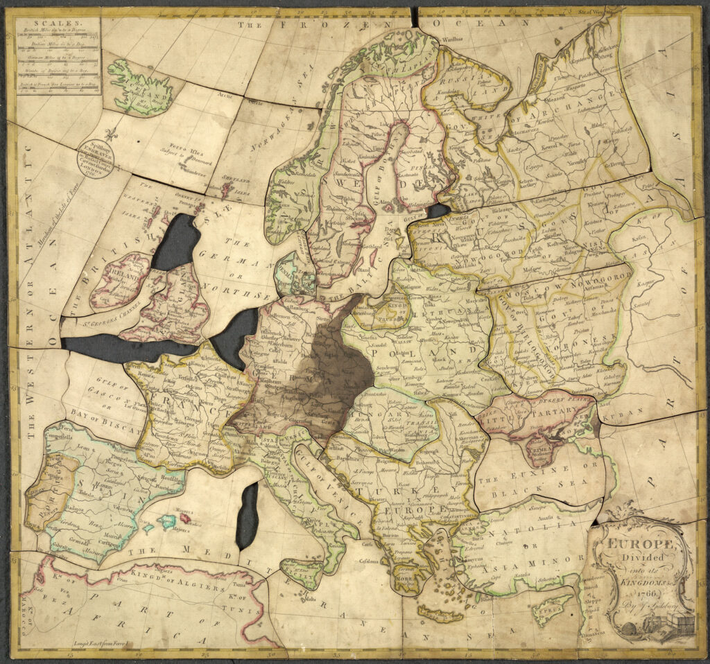 IMG: Tento soubor je dostupný pod licencí Creative Commons CC0 1.0 Universal Public Domain Dedication . "Europe divided into its kingdoms, etc." (1766) Believed to be the first purpose-made jigsaw puzzle